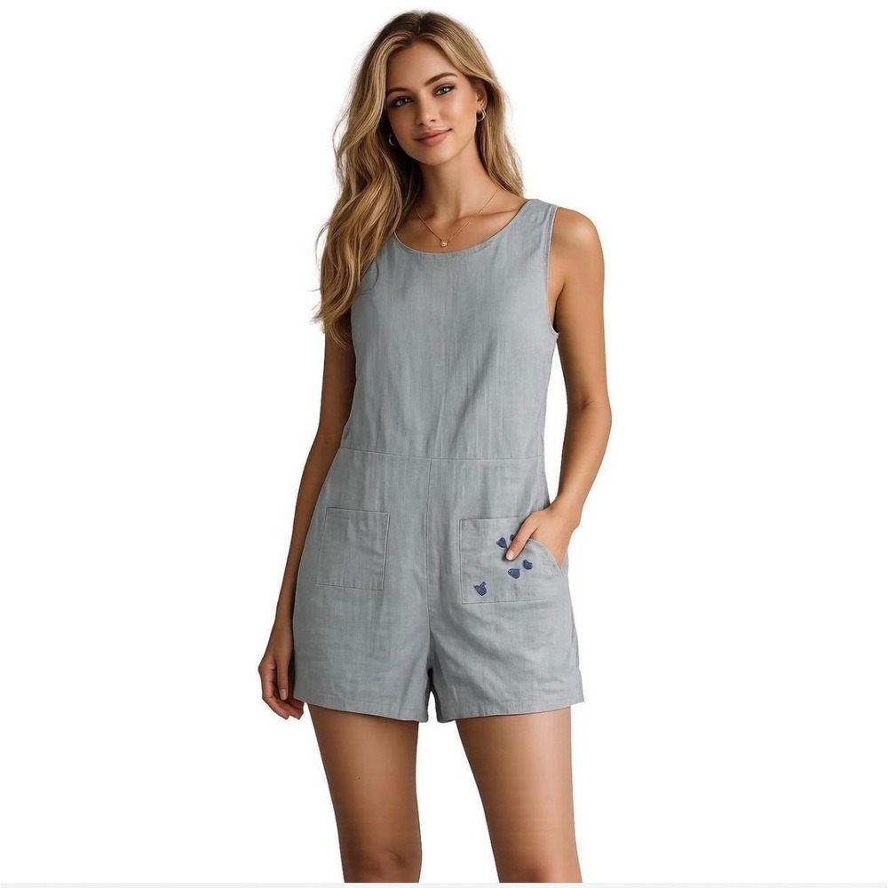 Junk Food Disney Gray Linen Romper XS Mickey Minnie Embroidered